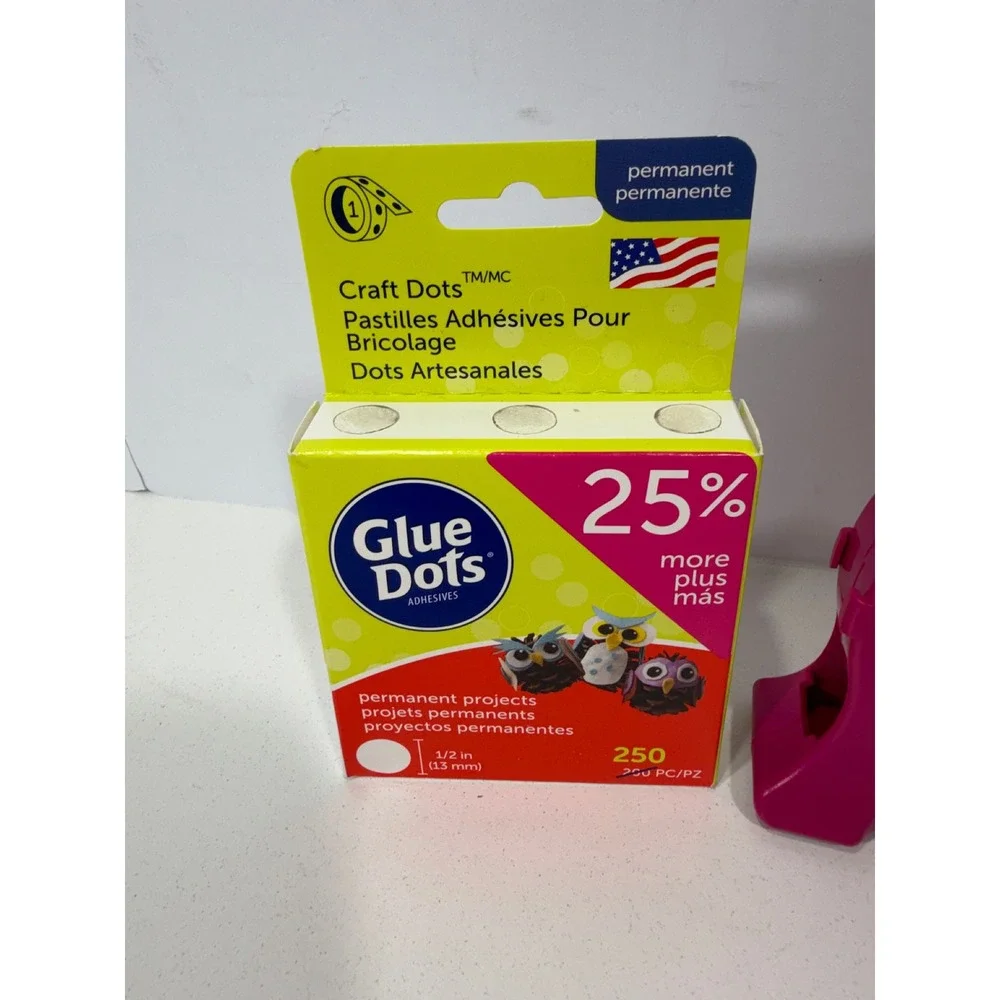Glue Dots Craft Dots 0.5in Permanent Adhesive 250 Count with Pink Dispenser